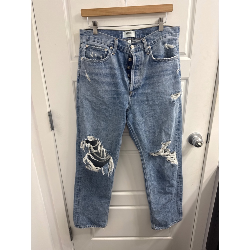 AGOLDE 90s Mid Rise Loose Fit Distressed Straight Leg Jeans Blue Size 28